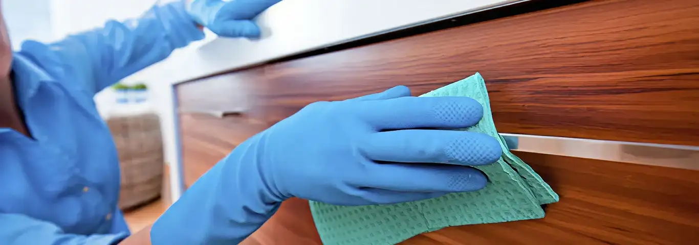 Cleaner wearing blue gloves wiping a wooden cabinet drawer with a microfiber cloth for dust and grime removal, Pembroke Pines, FL.