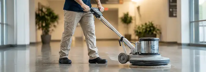 Professional technician using an industrial floor buffer to polish and maintain shiny commercial flooring in a corporate hallway in Pembroke Pines, FL.