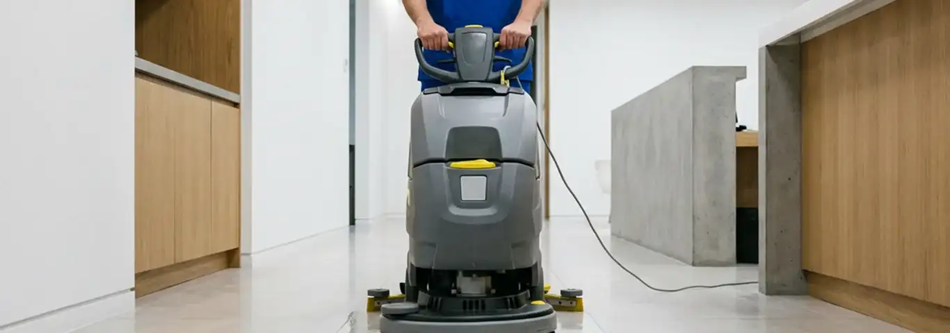 Janitorial staff using a floor scrubber machine to clean a commercial hallway, Pembroke Pines, FL.