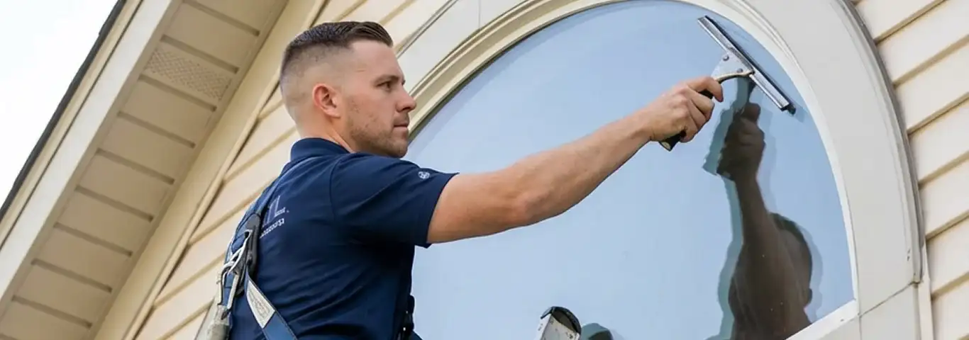 Professional window cleaner using a squeegee to clean an exterior arched window on a home, Pembroke Pines, FL.