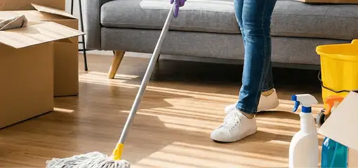 Move-out cleaning setup with a cleaner mopping hardwood floors near moving boxes and cleaning supplies, Pembroke Pines, FL.
