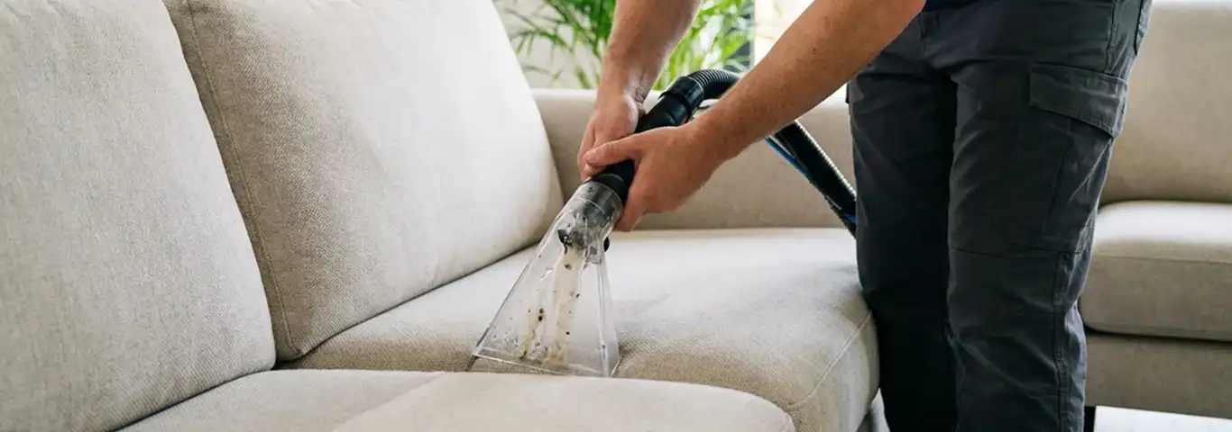 Technician extracting dirt and moisture from a fabric sofa with an upholstery cleaning wand, Pembroke Pines, FL.