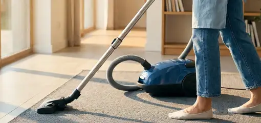 Person vacuuming a living room rug with a canister vacuum cleaner near large windows, Pembroke Pines, FL.